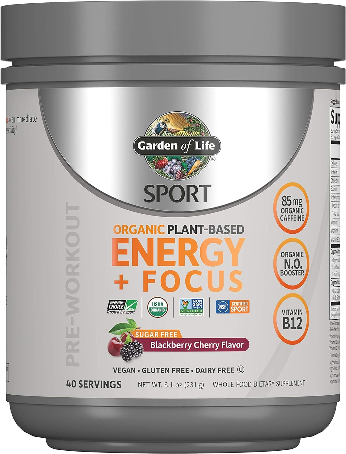 Garden of Life Sport Organic Plant-Based Energy + Focus Vegan Clean Pre Workout Powder, Sugar & Gluten Free Blackberry Cherry with 85Mg Caffeine, Natural NO Booster, B12, 40 Servings, 8.14 Oz