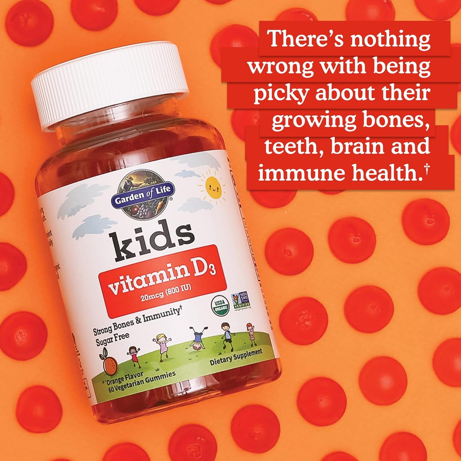 Garden of Life Kids Organic Vitamin D3 Gummies with 800 IU (100% Daily Value) for Strong Bones, Teeth, Brain & Immunity – Non-Gmo, No Gluten, Vegetarian, Sugar Free, Orange Flavor, 60 Servings