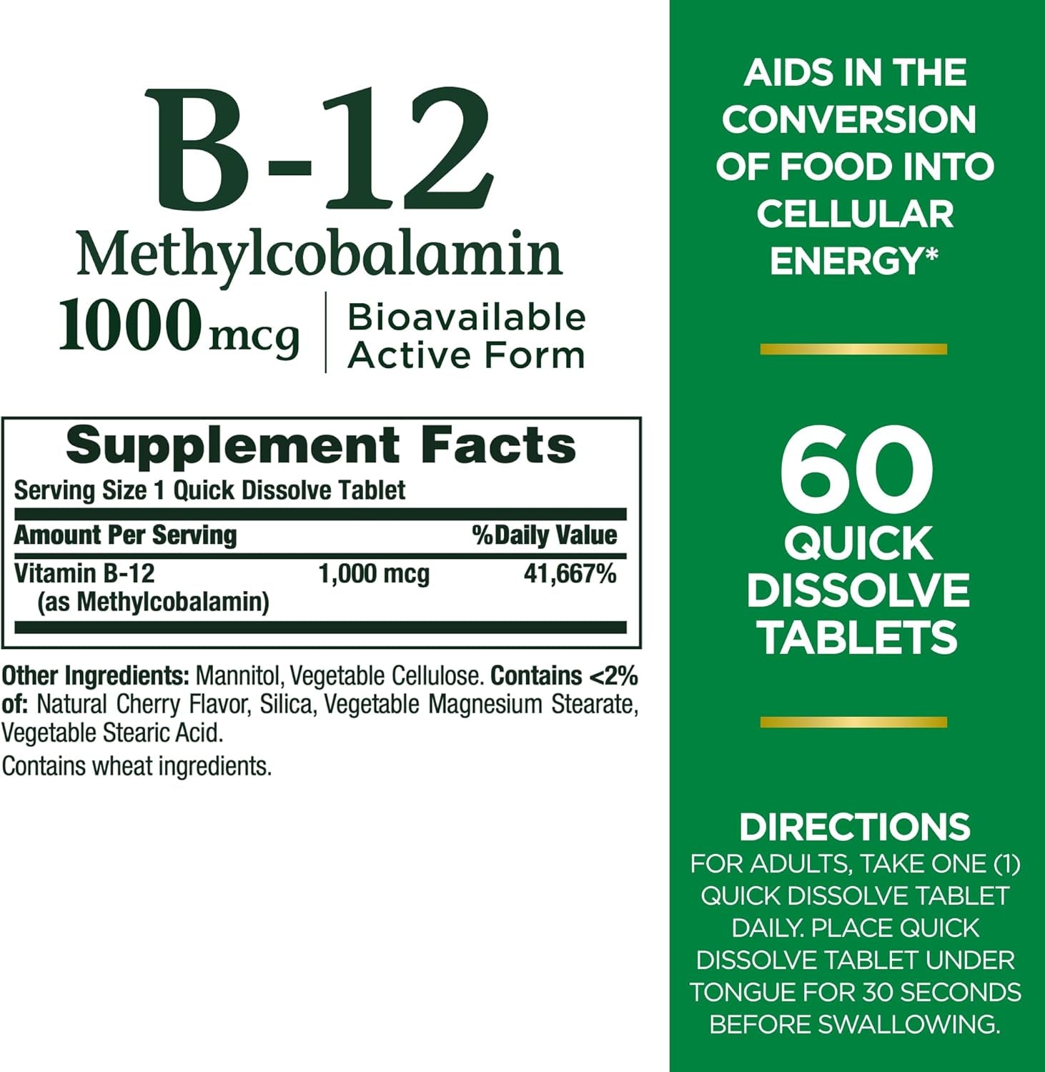 Nature'S Bounty Vitamin B-12 Quick Dissolve Tablets, 1000Mcg, Aids in the Conversion of Food into Cellular Energy, Cherry Flavor, 60Ct