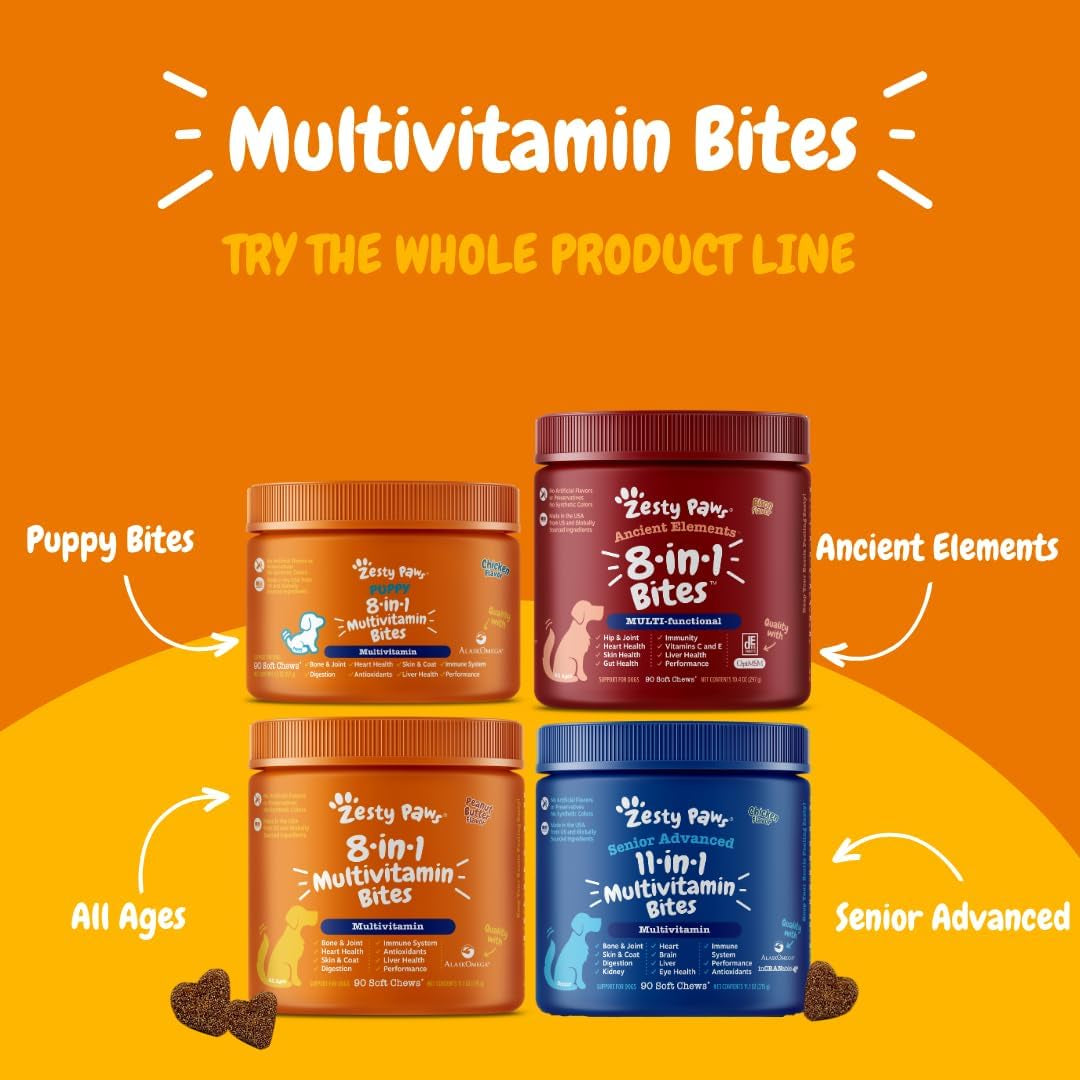 Zesty Paws Multivitamin Treats for Dogs - Glucosamine Chondroitin for Joint Support + Digestive Enzymes & Probiotics - Grain Free Vitamin for Skin & Coat + Immune Health - Peanut Butter Flavor - 90Ct