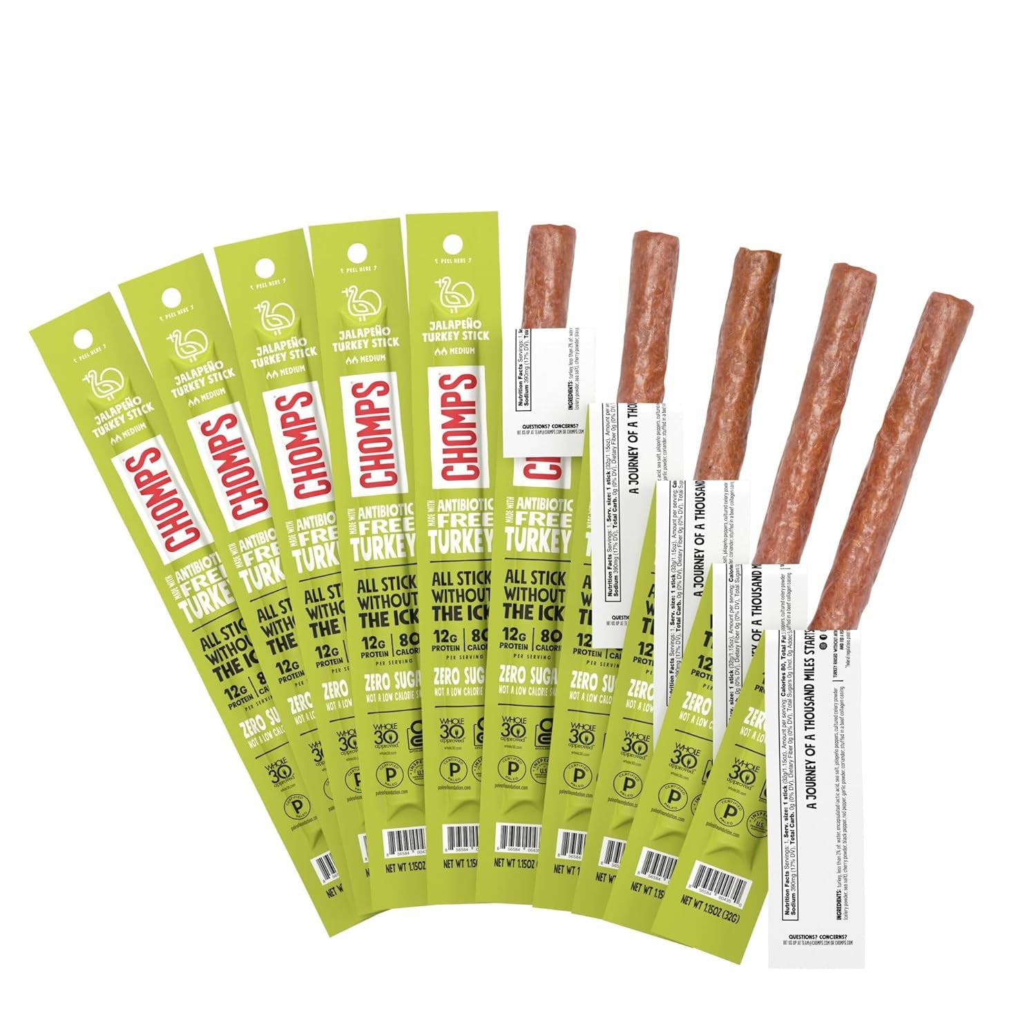 Chomps Jalapeño Turkey Jerky Meat Snack Sticks 10-Pack - Keto, Paleo, Low Carb, Whole30 Approved, 12G Lean Meat Protein, Gluten Free, Antibiotic Free, Zero Sugar Food