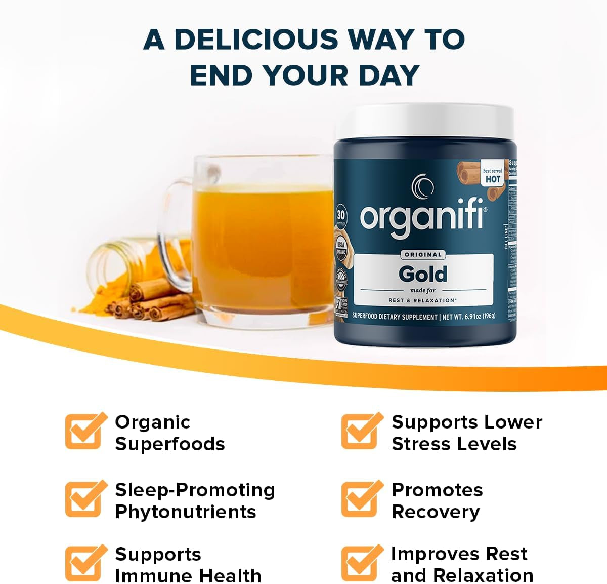 Organifi Gold - Natural Calming Turmeric and Reishi Mushroom Powder for Nighttime Tea - Promotes Relaxation and Restful Sleep - Incredible Taste and Aroma, 30 Servings