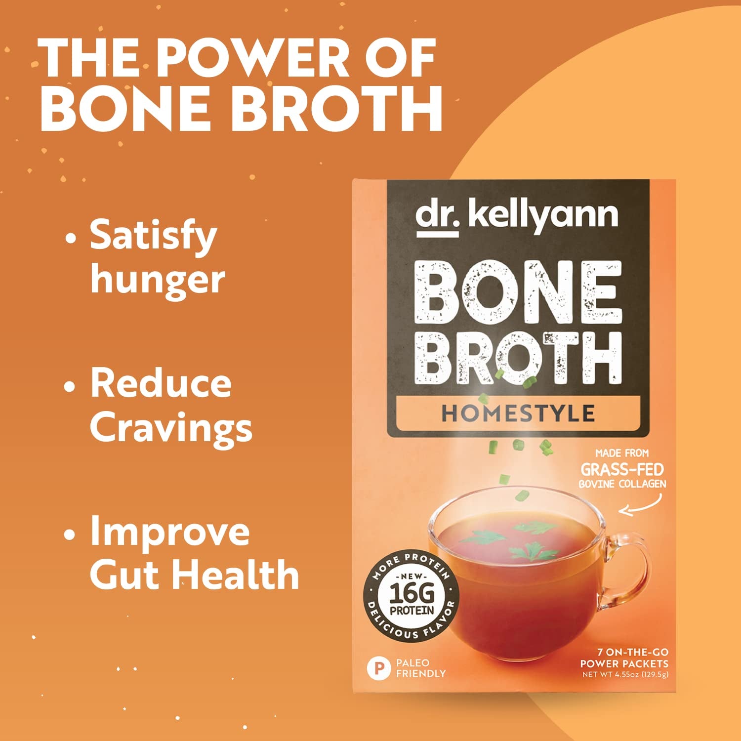 Dr. Kellyann Bone Broth Collagen Powder Packets (7 Servings, 1 Box), 16G Protein/Serving, 100% Grass-Fed Hydrolyzed Collagen Powder, Keto & Paleo Friendly