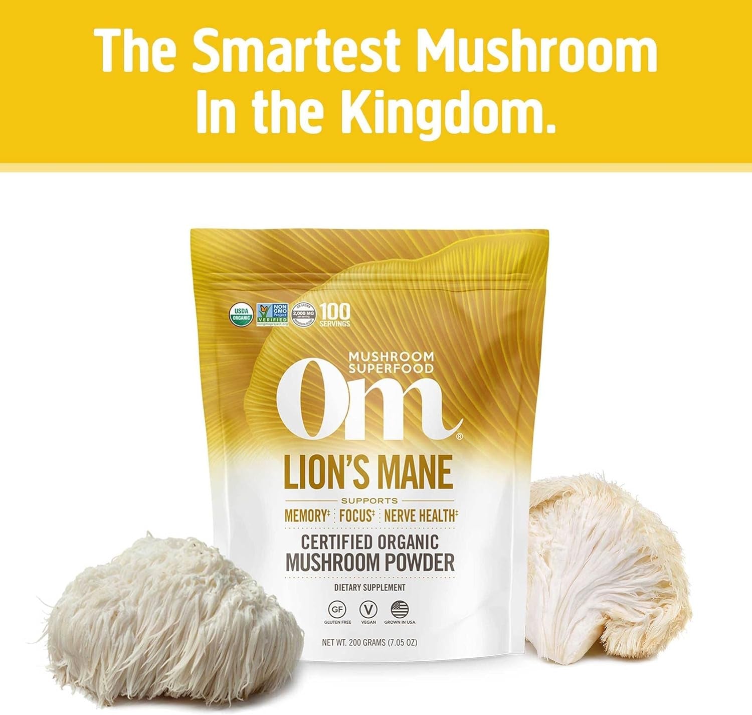 OM Mushroom Superfood | Lion'S Mane | USA Grown Organic Mushrooms | Memory, Focus, Clarity, Nerve Health & Mood Support | 7.05 Oz, 100 Servings Powder Supplement Pouch