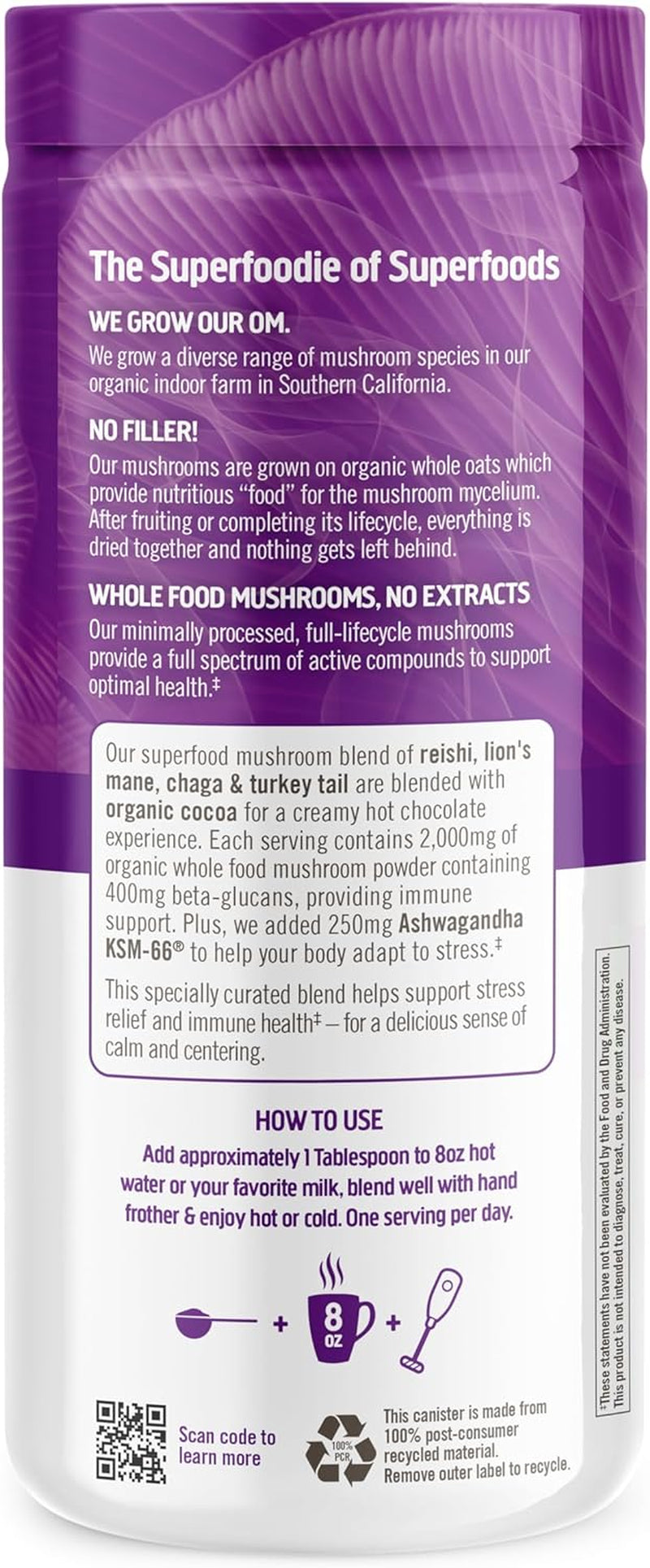 Om Mushroom Superfood Hot Chocolate Blend Mushroom Powder, 8.47 Ounce Canister, 30 Servings, Dutch Cocoa, 2G of Sugar, 25 Calories, Lion'S Mane, Reishi, Chaga, Turkey Tail, Focus and Stress Support