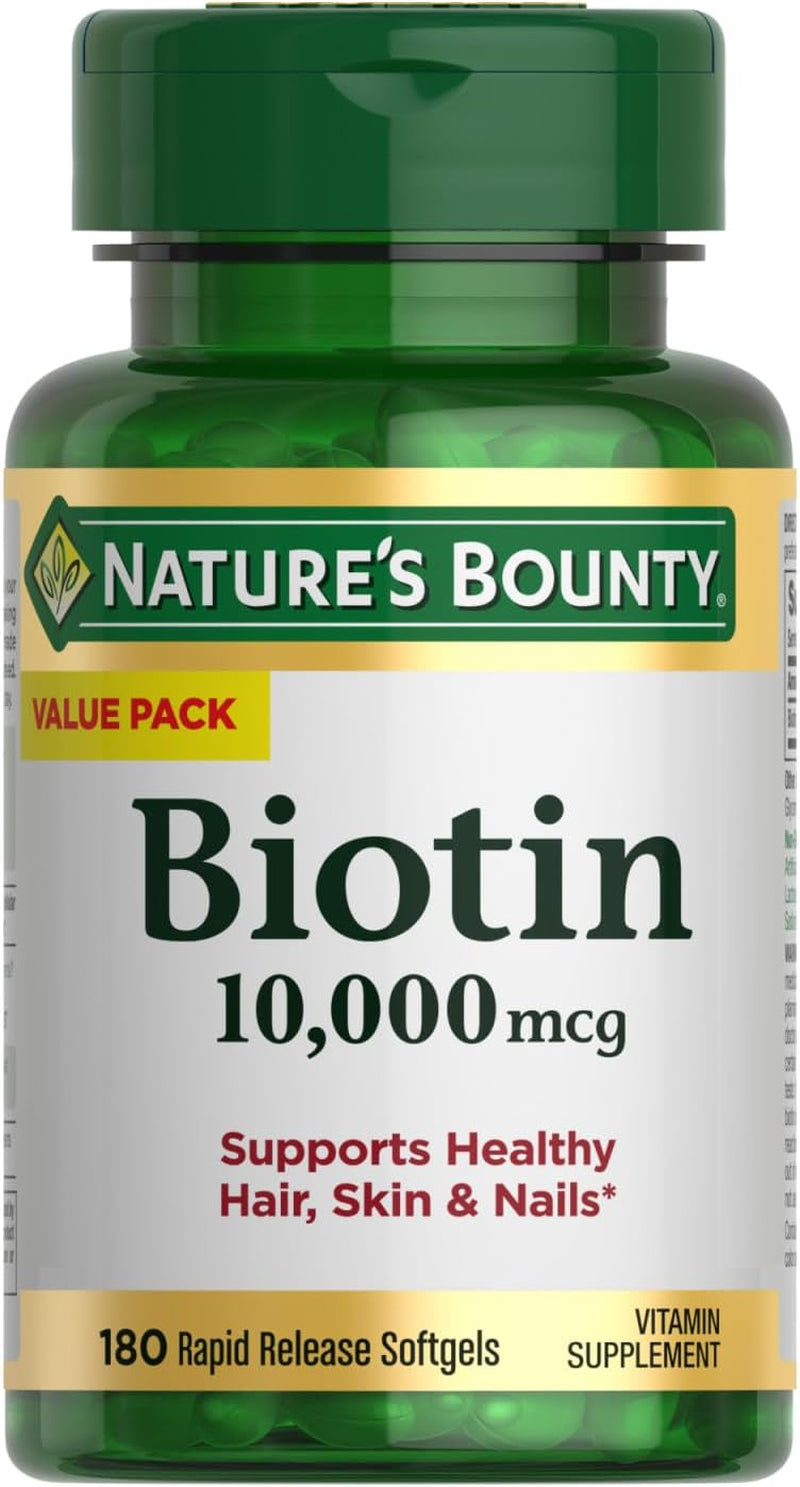 Nature'S Bounty Biotin, Supports Healthy Hair, Skin and Nails, 10,000 Mcg, Rapid Release Softgels, 180 Ct