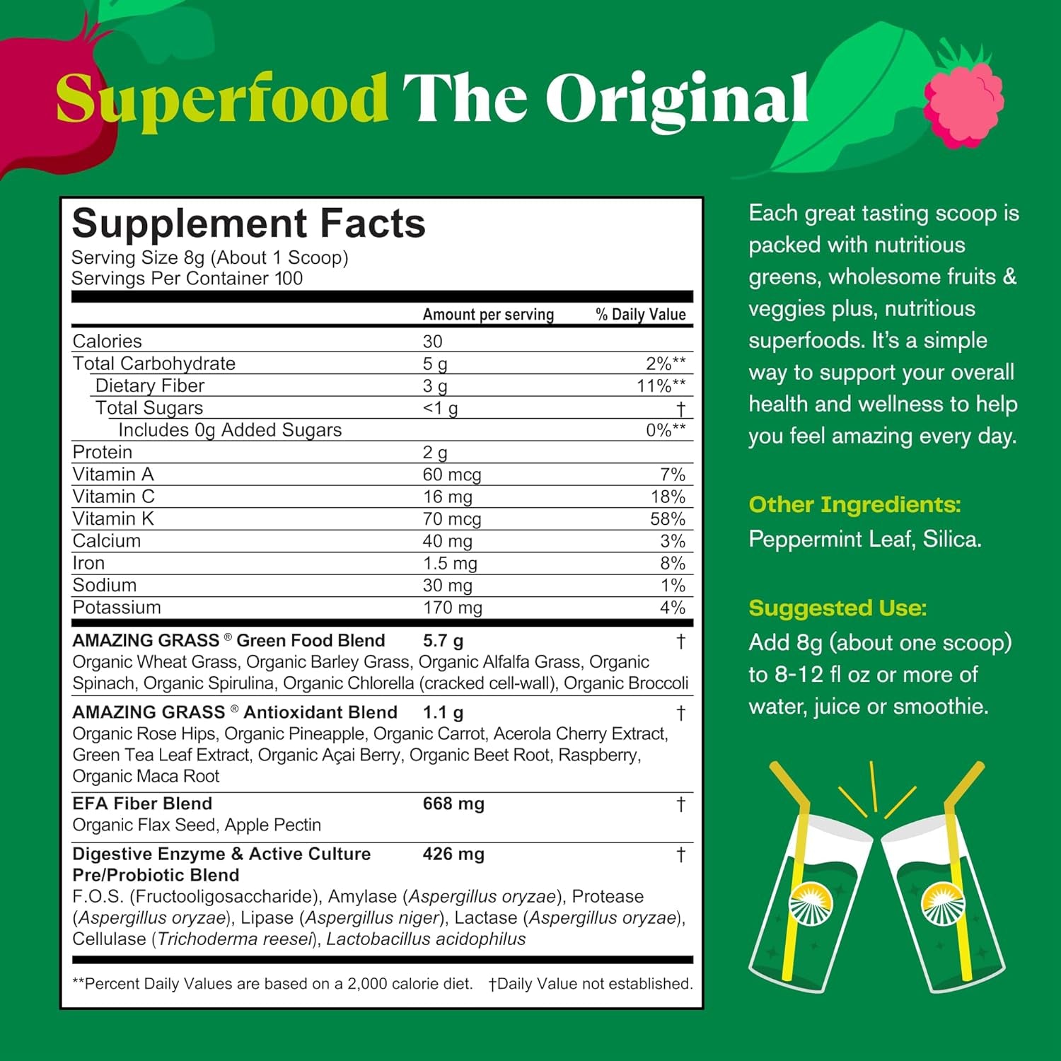 Amazing Grass Greens Superfood Powder: Greens Powder with Digestive Enzymes & Probiotics, Organic Spirulina, Chlorella, and Beet Root Powder, Original, 100 Servings