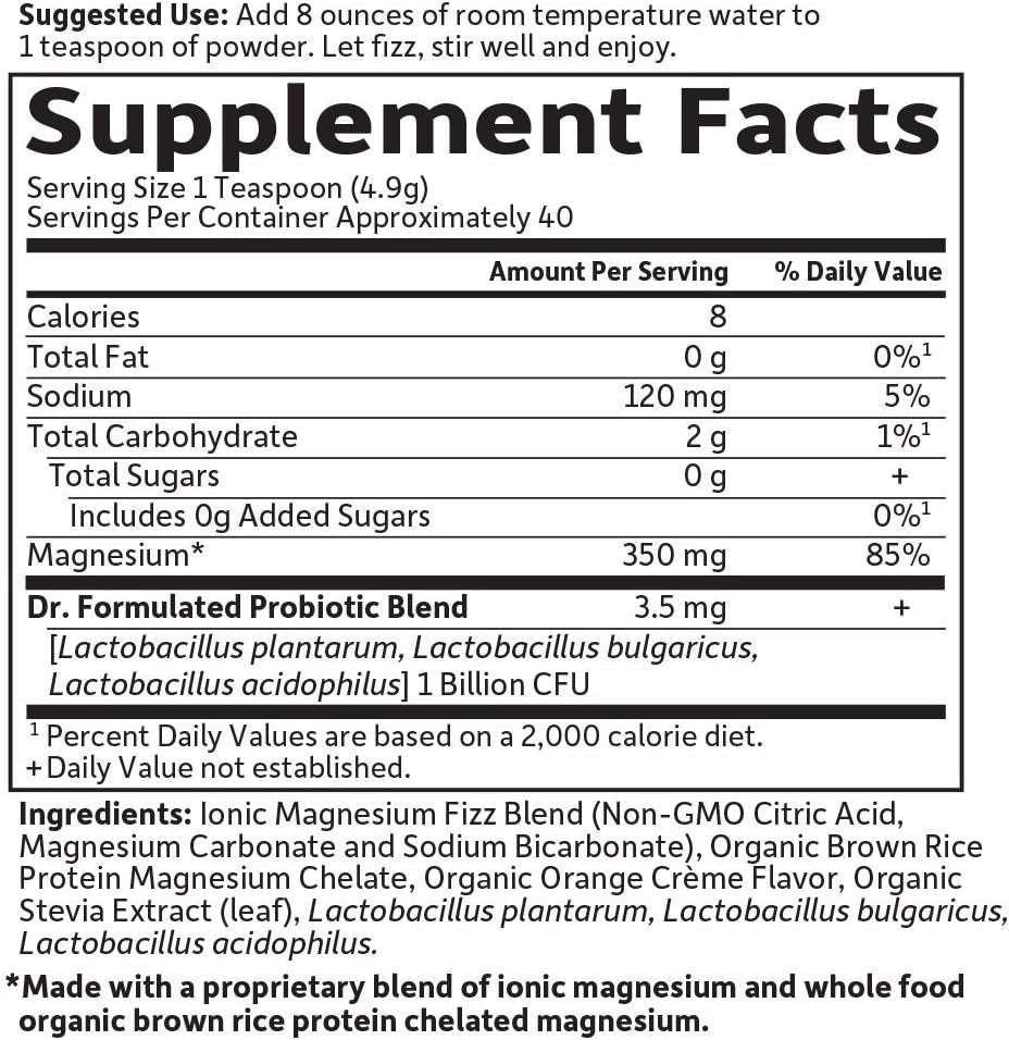 Garden of Life Dr. Formulated Whole Food Magnesium 197.4G Powder Orange,40 Servings, Non-Gmo, Vegan, Gluten & Sugar Free Supplement with Probiotics - Best for Anti-Stress, Calm & Regularity