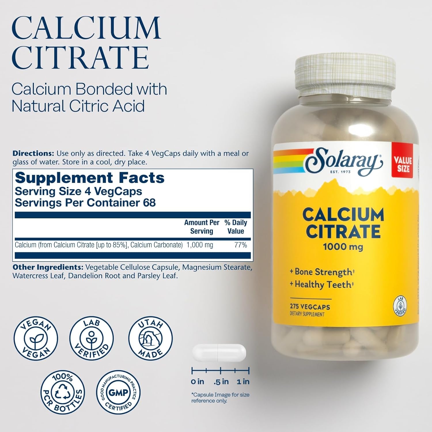 Solaray Calcium Citrate Complex, 1000 Mg (68 Serv, 275 Count)