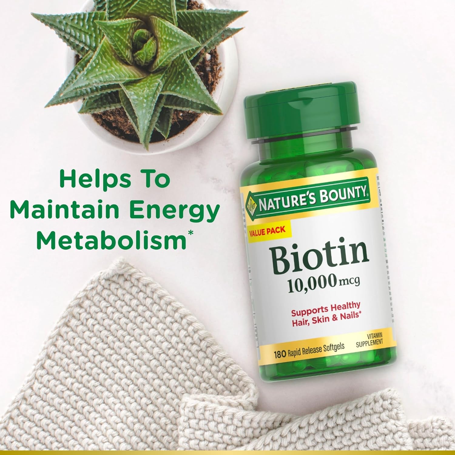 Nature'S Bounty Biotin, Supports Healthy Hair, Skin and Nails, 10,000 Mcg, Rapid Release Softgels, 180 Ct