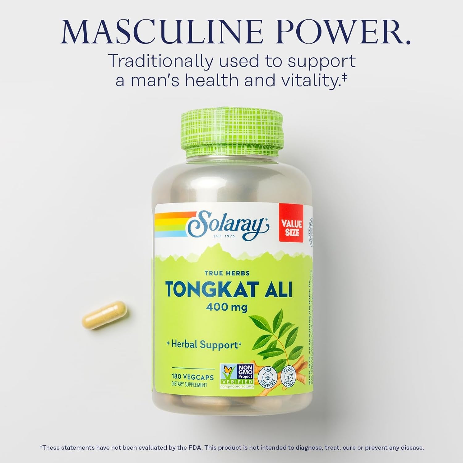 SOLARAY Tongkat Ali 400 Mg - Longjack Tongkat Ali for Men - Herbal Support for Men'S Health and Vitality - Vegan, Non-Gmo, Lab Verified - 180 Servings, 180 Vegcaps