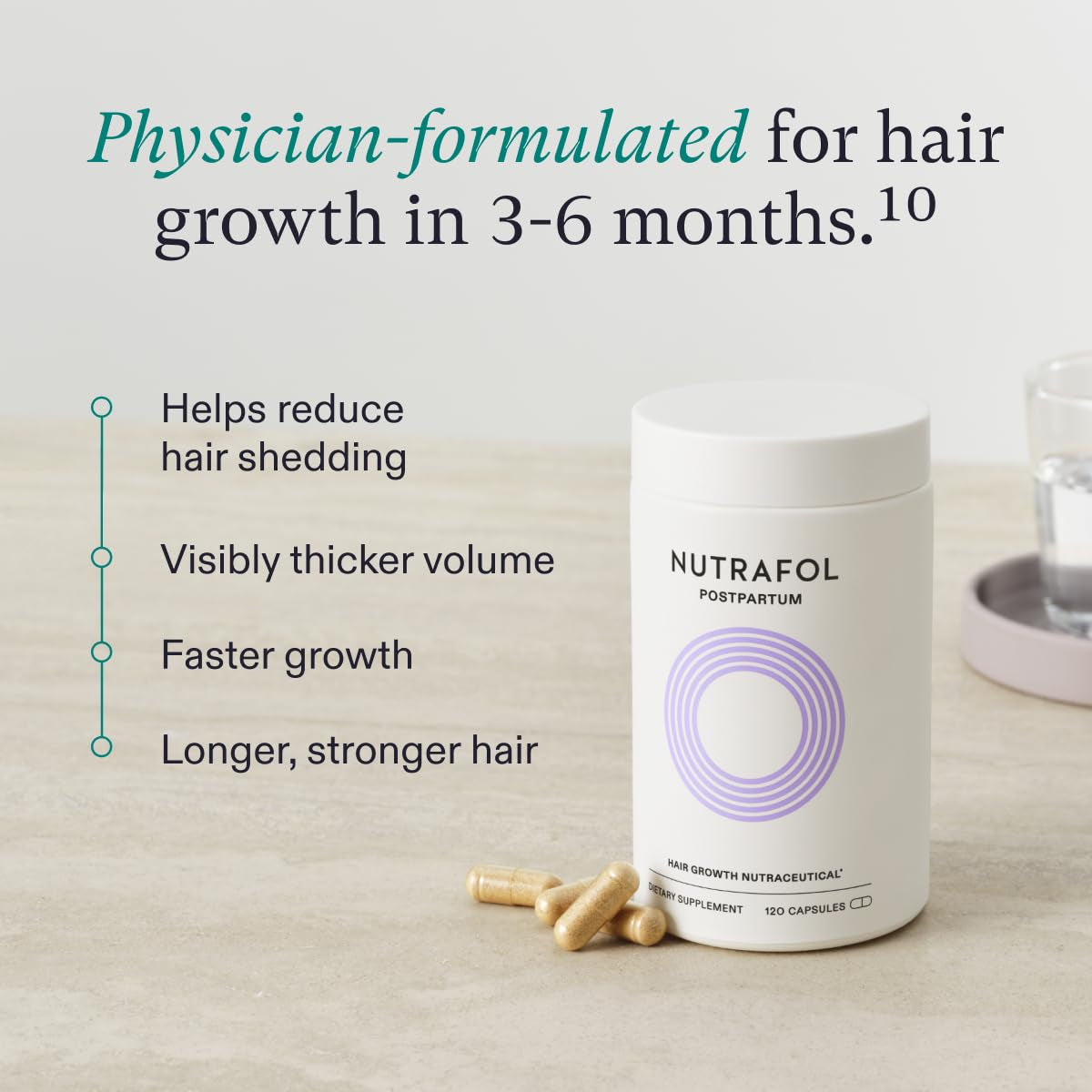 Nutrafol Postpartum Hair Growth Supplements, Clinically Tested for Visibly Thicker Hair and Less Shedding, Breastfeeding-Friendly - 1 Month Supply