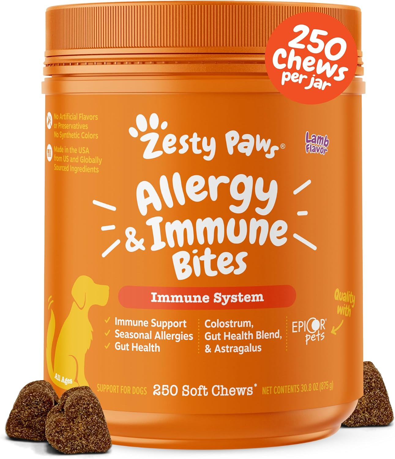 Zesty Paws Dog Allergy Relief - anti Itch Supplement - Omega 3 Probiotics for Dogs - Digestive Health - Soft Chews for Skin & Seasonal Allergies - with Epicor Pets - Lamb - 250 Count